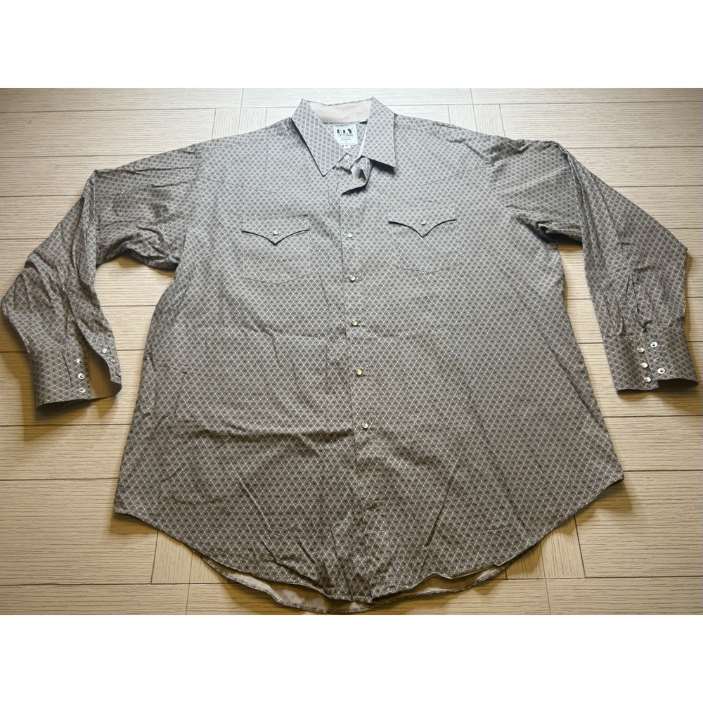 Ely Cattleman Western Shirt Men's XXL Beige Navy Geometric Print Pearl Snap